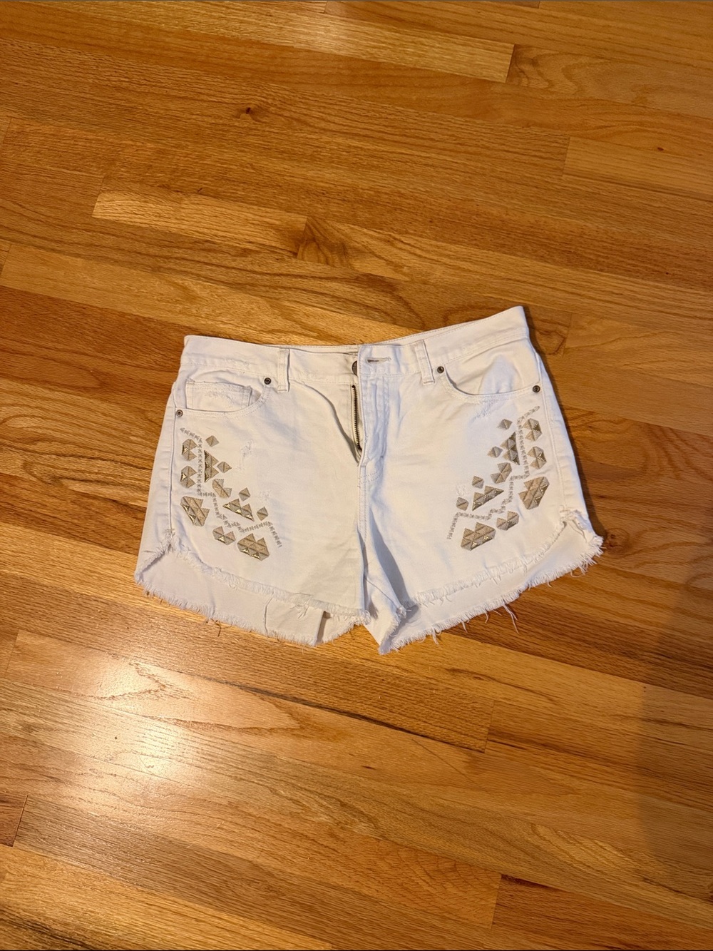 Free People Frayed White Embellished Denim Shorts